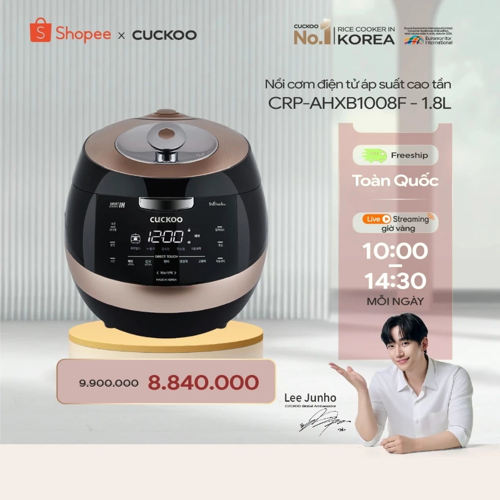 Nồi cơm điện tử áp suất cao tần Cuckoo 1.8L CRP-AHXB1008F - Lòng phủ men Xwall- Bản Quốc Tế- bảo hành 1 năm