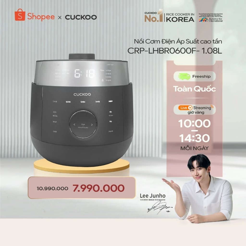 Nồi Cơm Điện Tử Áp Suất Cao Tần Cuckoo CRP-LHBR0600F 1.08 Lít -Lòng nồi X-Wall Black - áp suất 2.0 ATM- bảng Tiếng Việt