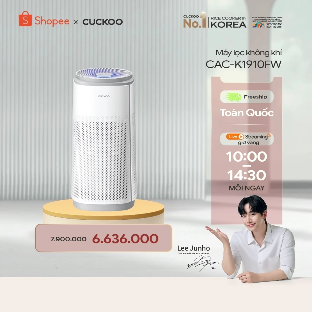 Máy lọc không khí Cuckoo 66m2 CAC-K1910FW - Lọc toàn diện 360 độ - Đèn LED hiển chất lượng không khí - Hàng chính hãng