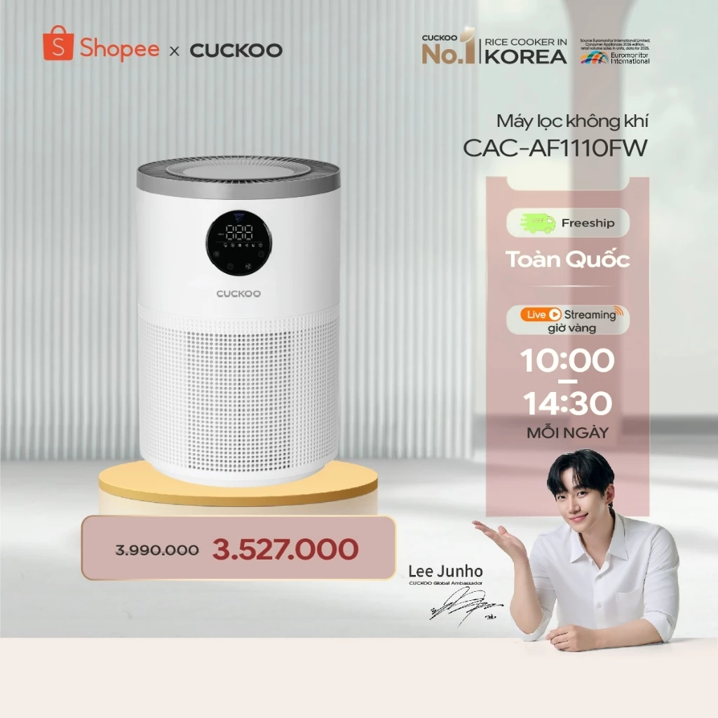 Máy lọc không khí Cuckoo 34m2 CAC-AF1110FW/WHCKV - 3 in 1 HEPA- lọc bụi mịn PMO.3- đèn cảnh báo chất lượng không khí