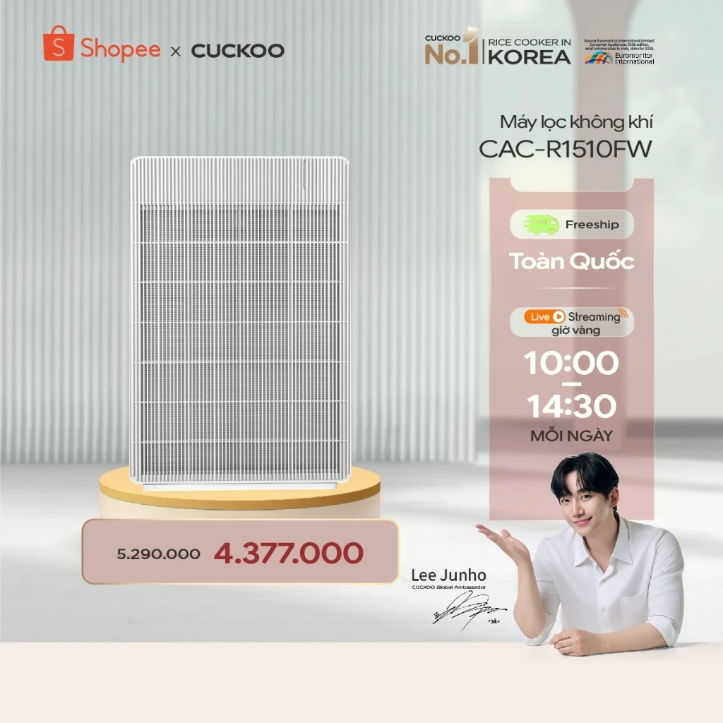 Máy Lọc Không Khí CUCKOO CAC-R1510FW/WHVNCV(S)-Dành cho không gian 39.6m2-Đèn LED cảm biến chất lượng không khí với 8 mứ