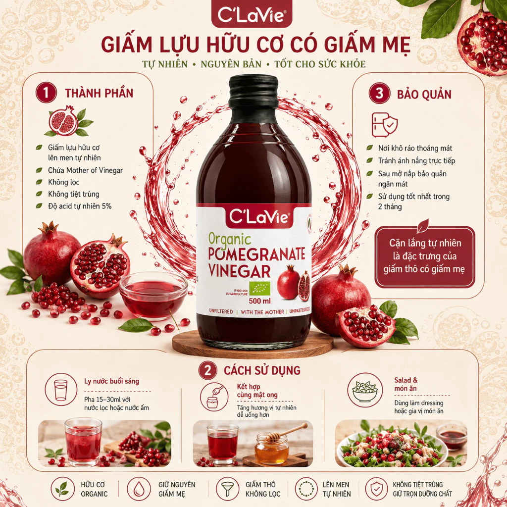 Giấm Lựu Hữu Cơ Có Giấm Mẹ C'LaVie 500ml - Lên Men Tự Nhiên, Không Lọc, Nhập Khẩu Ý