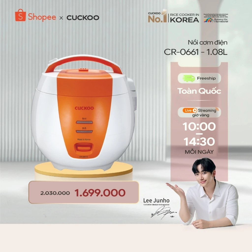 Nồi cơm điện Cuckoo 1L CR-0661- màu cam - Lòng nồi chống dính - Phiên bản quốc tế tiếng Anh- Hàng chính hãng