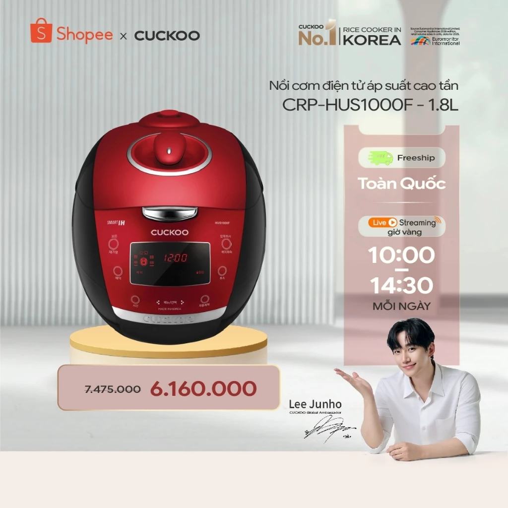 Nồi cơm điện tử áp suất cao tần Cuckoo 1.8 lít CRP-HUS1000F màu đỏ- lòng nồi chống dính cao cấp phủ Xwall Black