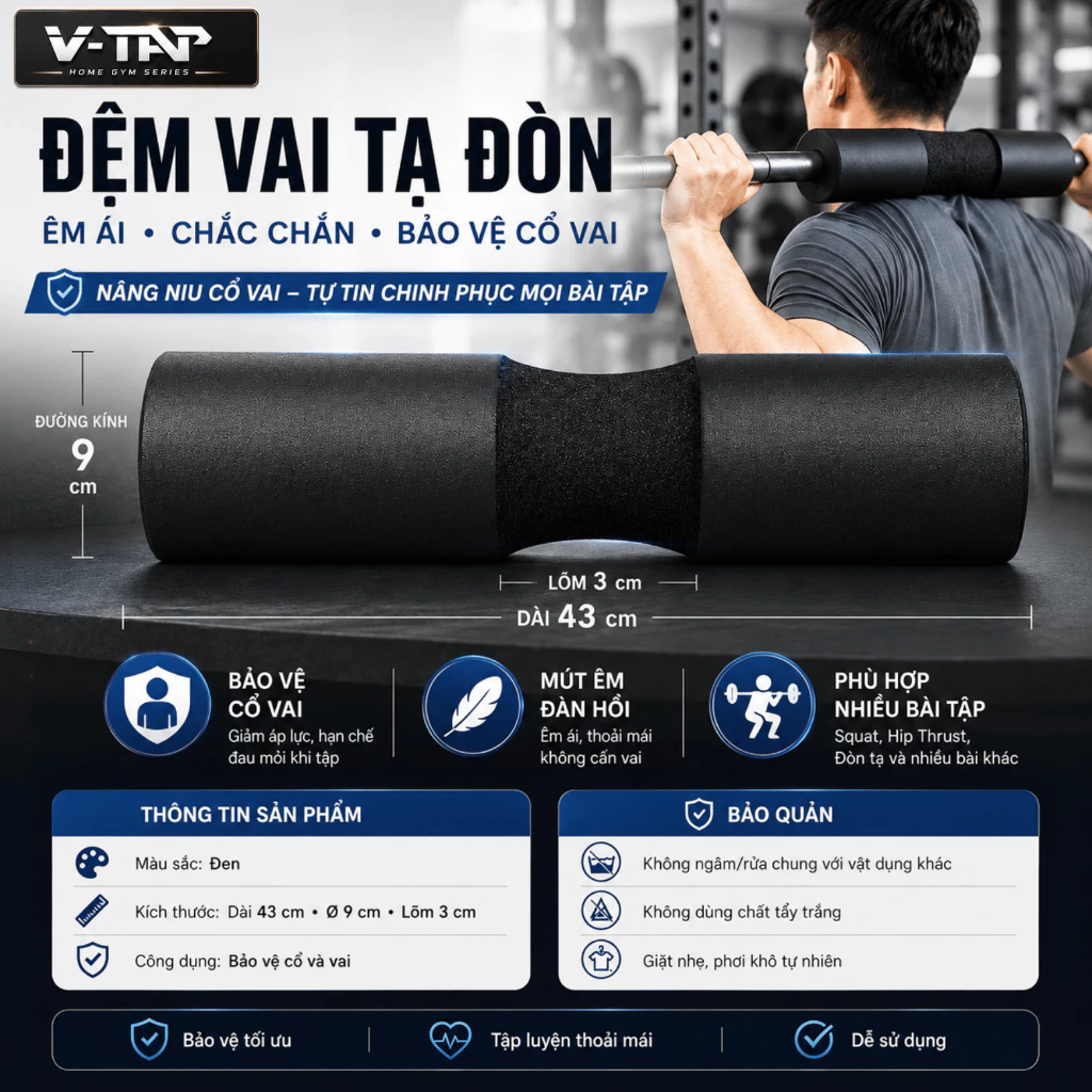 Đệm lót gánh tạ, Mút xốp gánh thanh đòn tạ - Bảo vệ vai, Hỗ trợ tập Squat , Hip Trust