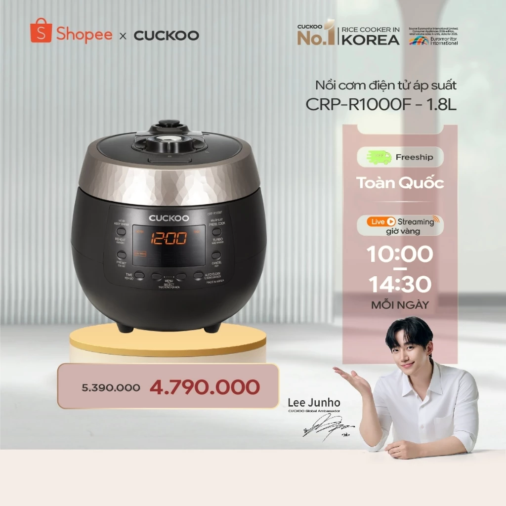 Nồi cơm điện tử áp suất Cuckoo 1.8 lít CRP-R1000F màu đen - lòng nồi chống dính cao cấp phủ Xwall Black- Quốc tế