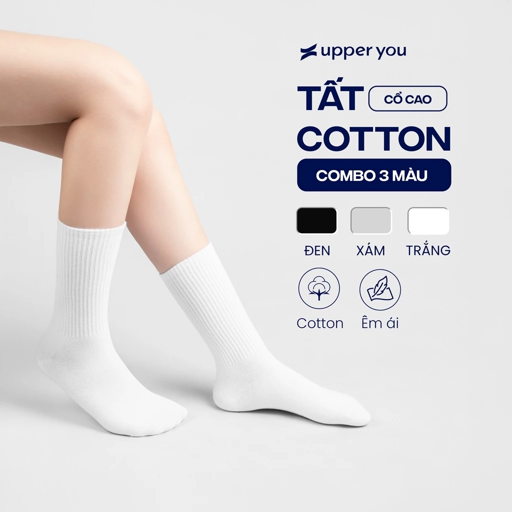 [TẶNG QUÀ ĐƠN 169K]Combo 5 Tất Vớ Cotton Nam Nữ UPPER YOU Cổ Cao Gân Trơn Thời Trang Thấm Hút Dày Dặn Êm Ái-BSF4001/4002