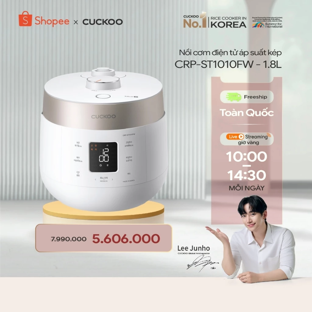 Nồi cơm điện tử áp suất kép Cuckoo 1.8L CRP-ST1010FW - Lòng nồi phủ men Xwall- nội địa Hàn Quốc- Bảo hành 1 năm