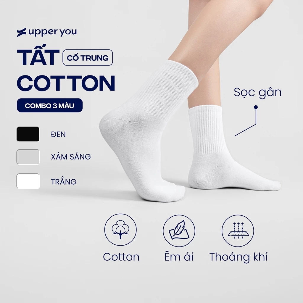 [TẶNG QUÀ ĐƠN 169k] Combo 5 Đôi Tất Vớ Cotton Nam Nữ UPPER YOU Cổ Trung Gân Trơn Mềm Mại Thấm Hút Thoáng Khí-BSF3004