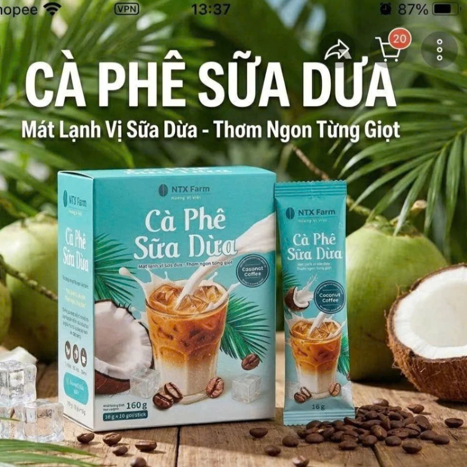 Cà Phê Sữa Dừa Hòa Tan GreenFarm – Hộp 10 Gói x 16gr/ Gói