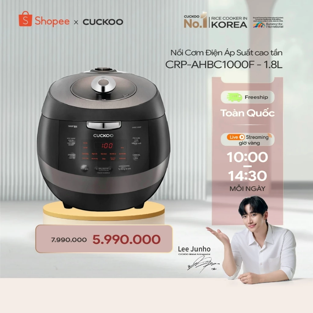 Nồi Cơm Điện Tử Áp Suất Cao Tần Cuckoo 1.8 Lít CRP-AHBC1000F- Lòng nồi X-Wall Black cao cấp- bảo hành 1 năm
