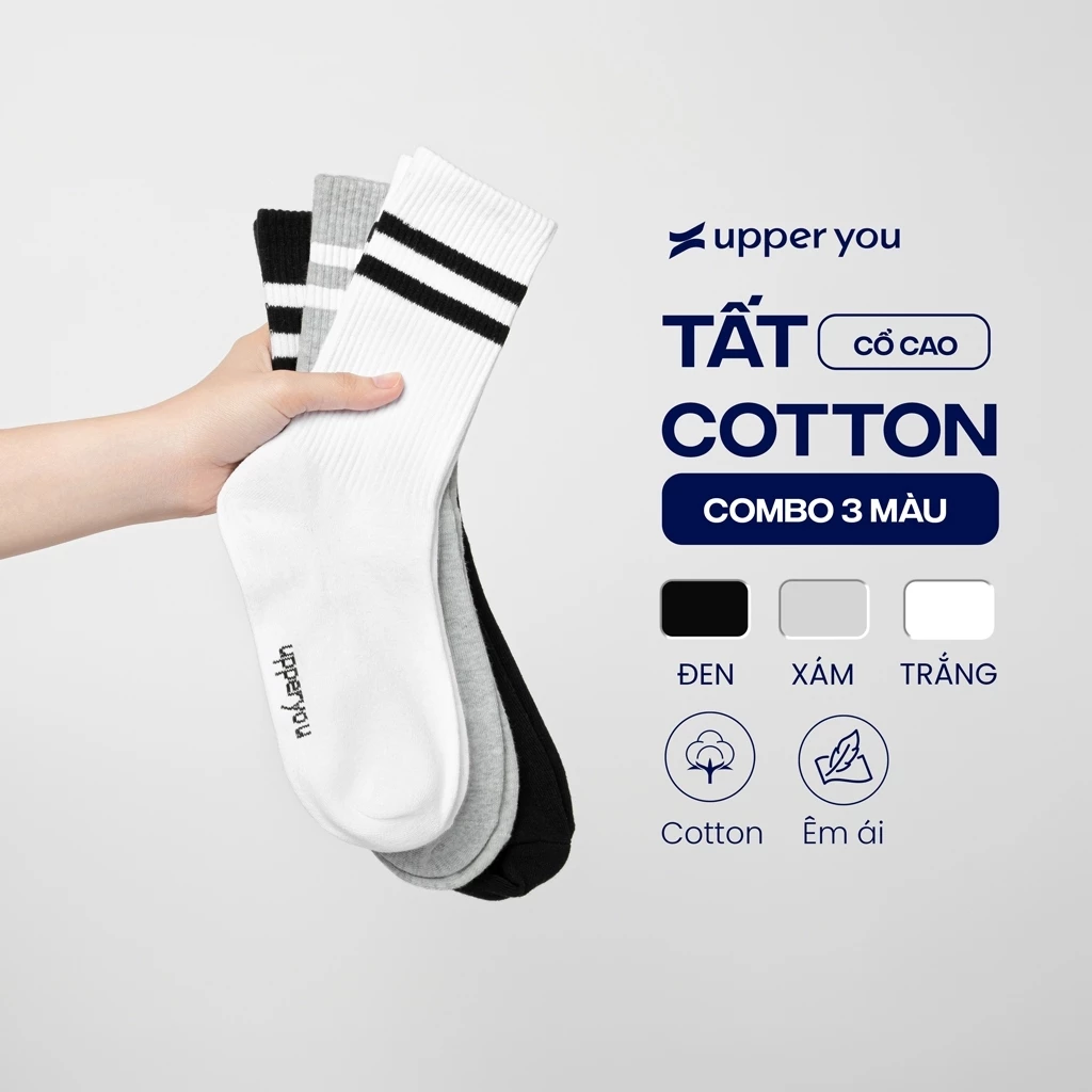 [TẶNG QUÀ ĐƠN 169K] Tất Vớ Cotton Nam Nữ Cổ Cao UPPER YOU Kẻ Sọc Thời Trang Thấm Hút Dày Dặn Êm Ái - BSF4001/BSF4002
