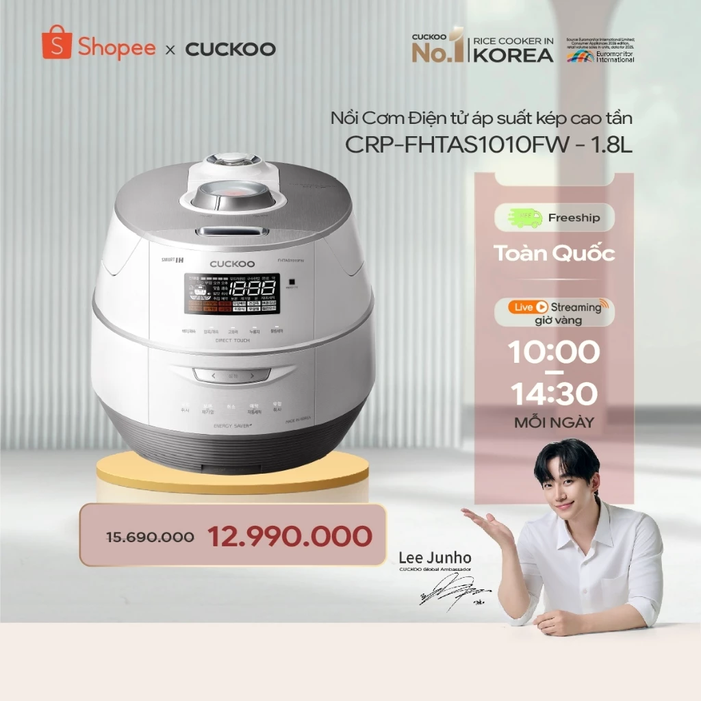 Nồi cơm điện áp suất kép cao tần Cuckoo CRP-FHTAS1010FW 1.8L- Lòng nồi INOX chống trầy xước- hàng nội địa Hàn Quốc