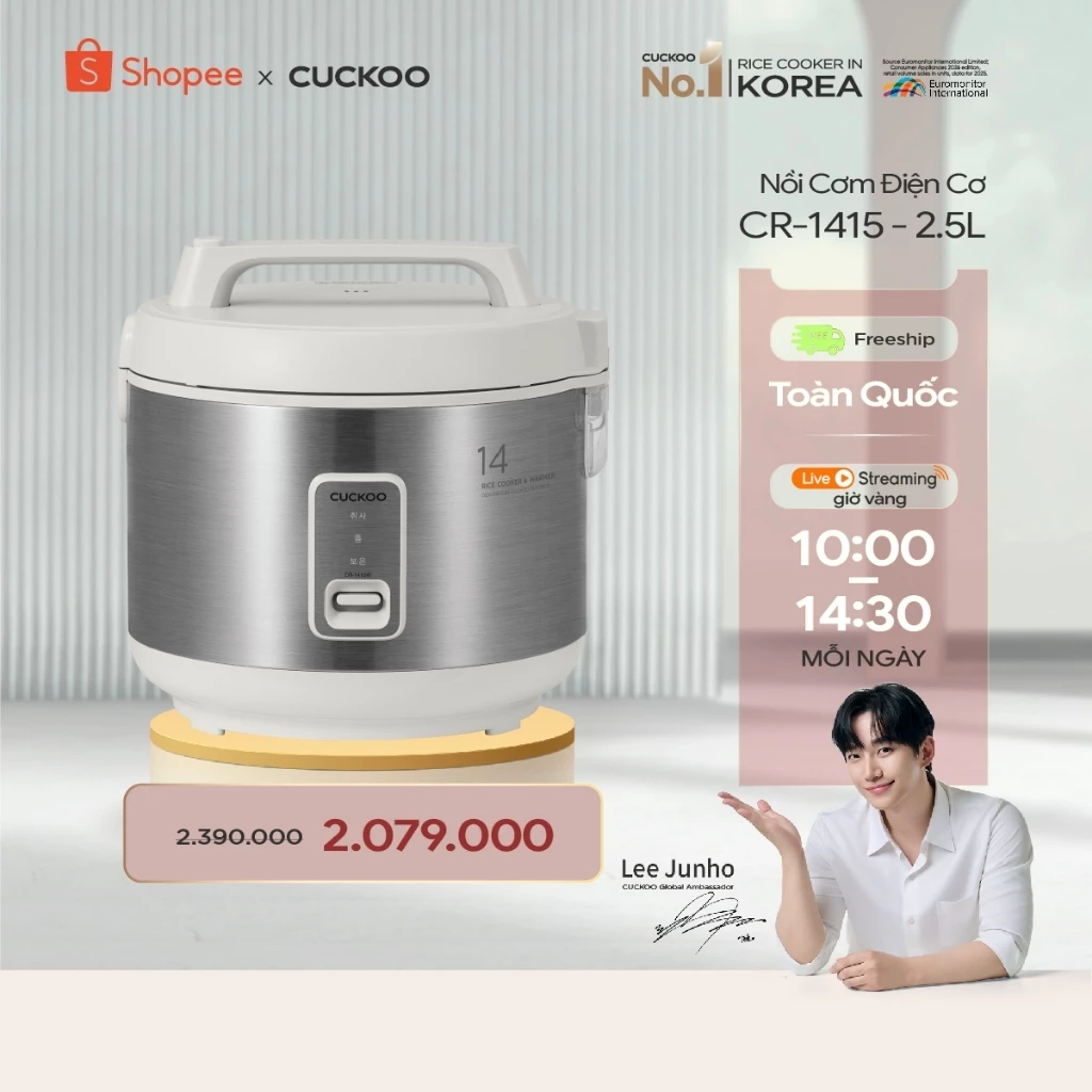 Nồi cơm điện Cuckoo 2,5 lít CR-1415/GWVNCV - Lòng nồi chống dính, thích hợp cho gia đình lớn và bếp ăn - Hàng chính hãng