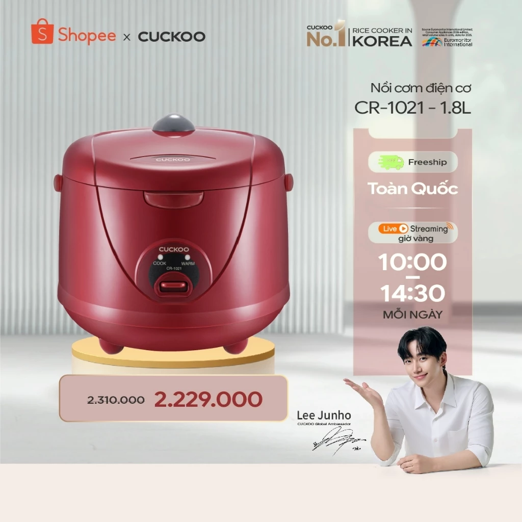 Nồi cơm điện Cuckoo 1.8 lít CR-1021 - màu đỏ - bản quốc tế- lòng nồi chống dính- Hàng chính hãng Cuckoovina