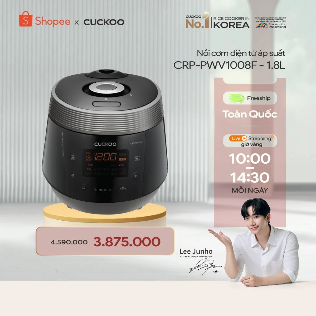 Nồi cơm điện tử áp suất Cuckoo 1.8L CRP-PWV1008F - Lòng nồi phủ men Xwall- Ngôn ngữ Tiếng Việt- bảo hành 1 năm