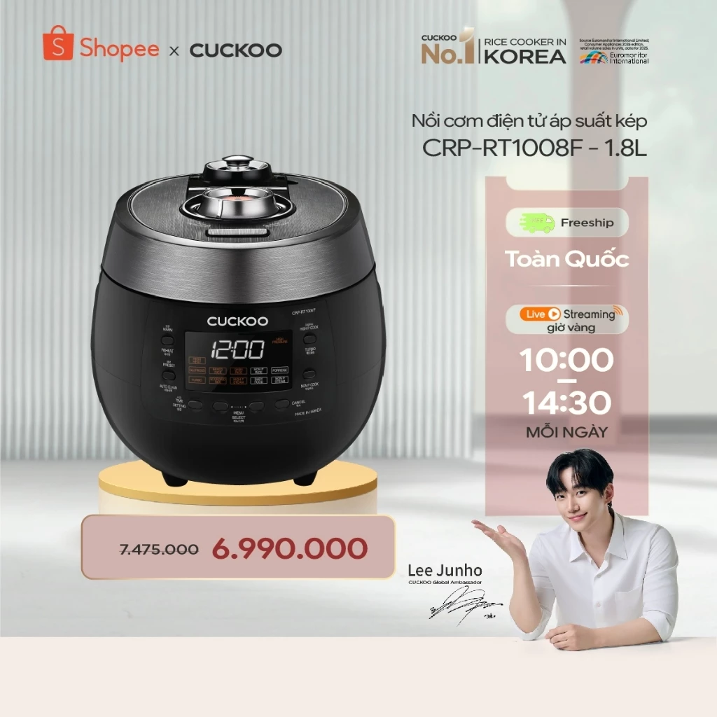 Nồi cơm điện tử áp suất kép Cuckoo 1.8 lít CRP-RT1008F - Lòng nồi phủ men chống dính XWall Diamond - Hàng chính hãng
