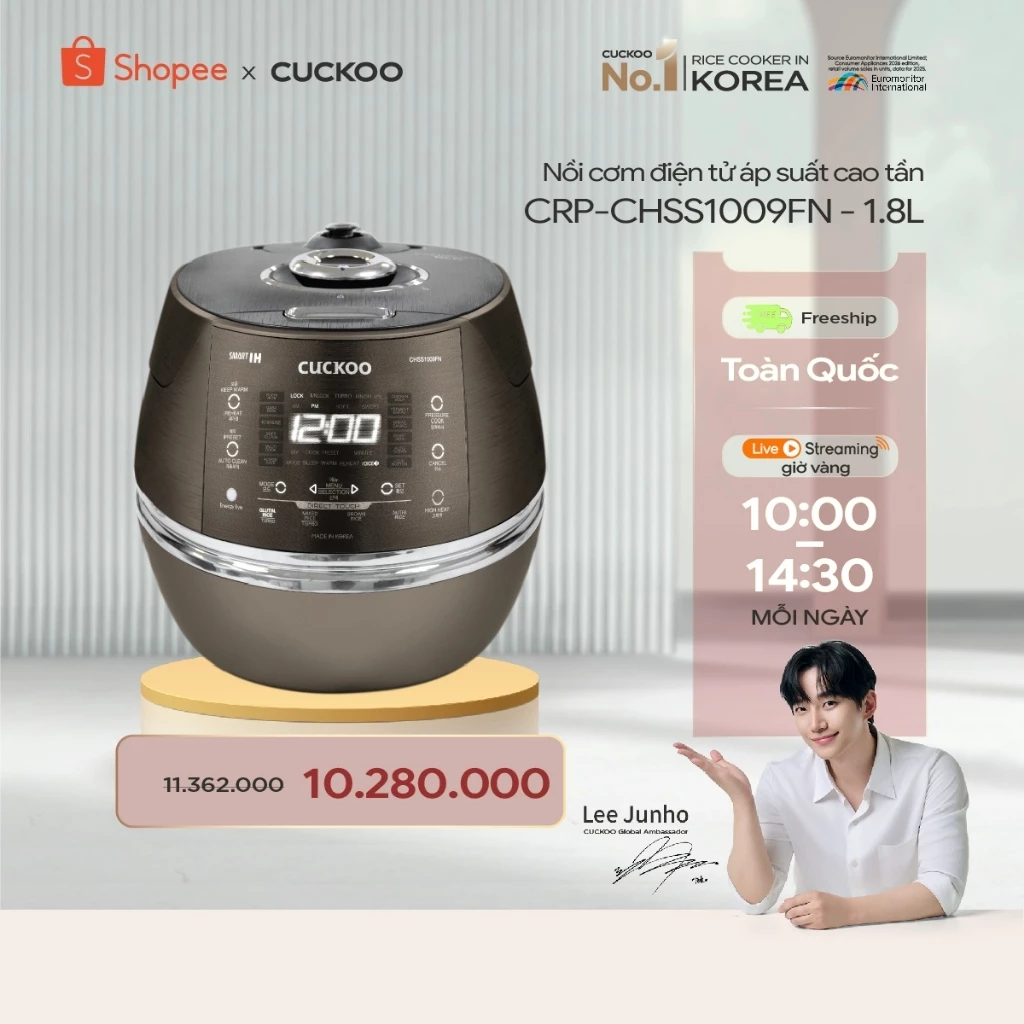 Nồi cơm điện tử áp suất cao tần Cuckoo 1.8L CRP-CHSS1009FN (Màu nâu) - Lòng nồi phủ men Xwall- Sản xuất Hàn Quốc
