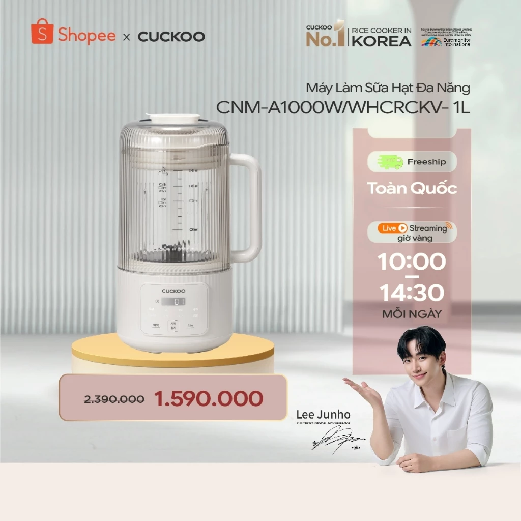 Máy Làm Sữa Hạt Đa Năng CUCKOO CNM-A1000W/WHCRCKV- Dung tích 1L-Lưỡi Dao Inox 8 Cánh- 10 Chế Độ Nấu- công suất 400W
