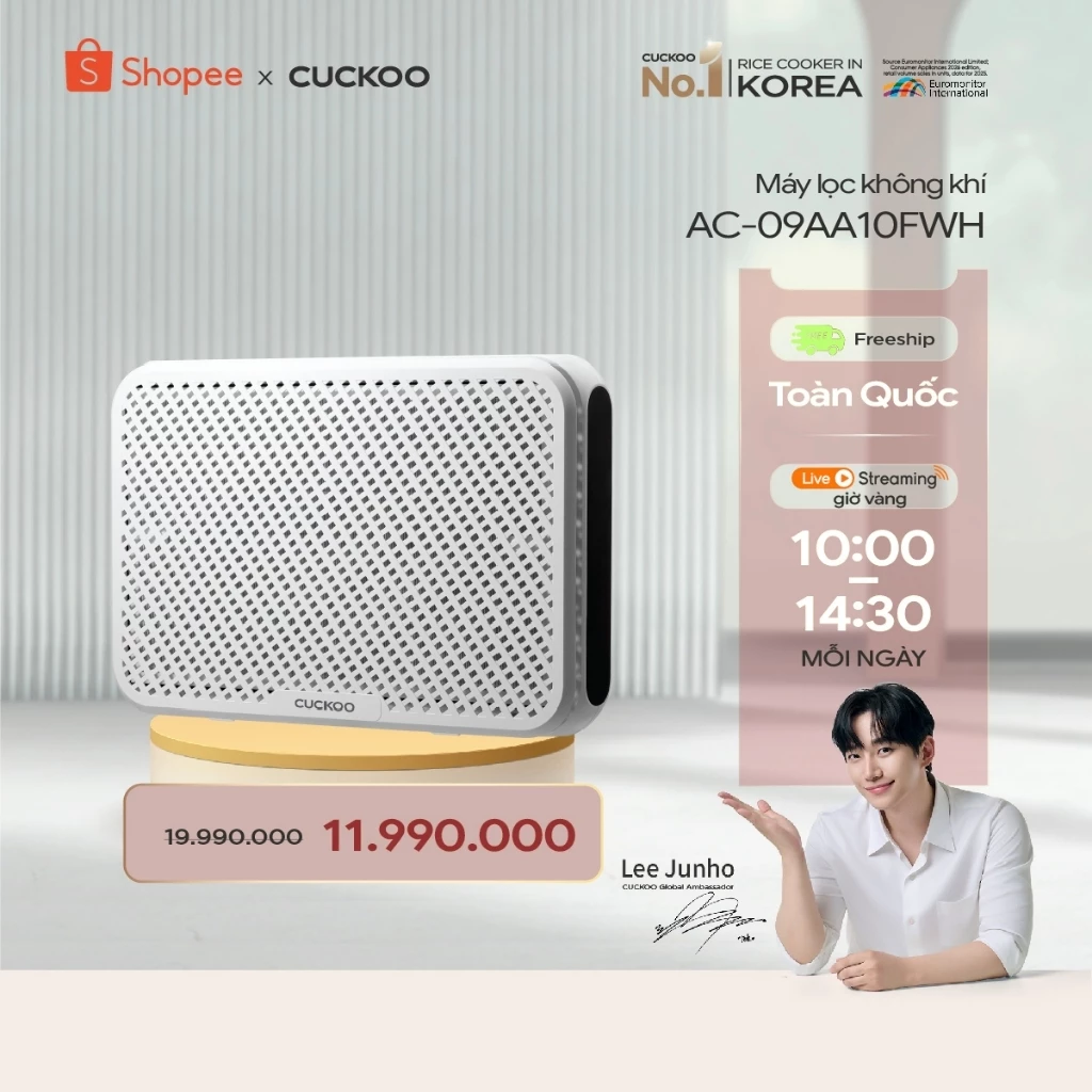 Máy Lọc Không Khí Treo Tường CUCKOO AC-09AA10FWH 33m2 - Đèn LED 4 màu báo chất lượng không khí, cảnh báo thay màn lọc.