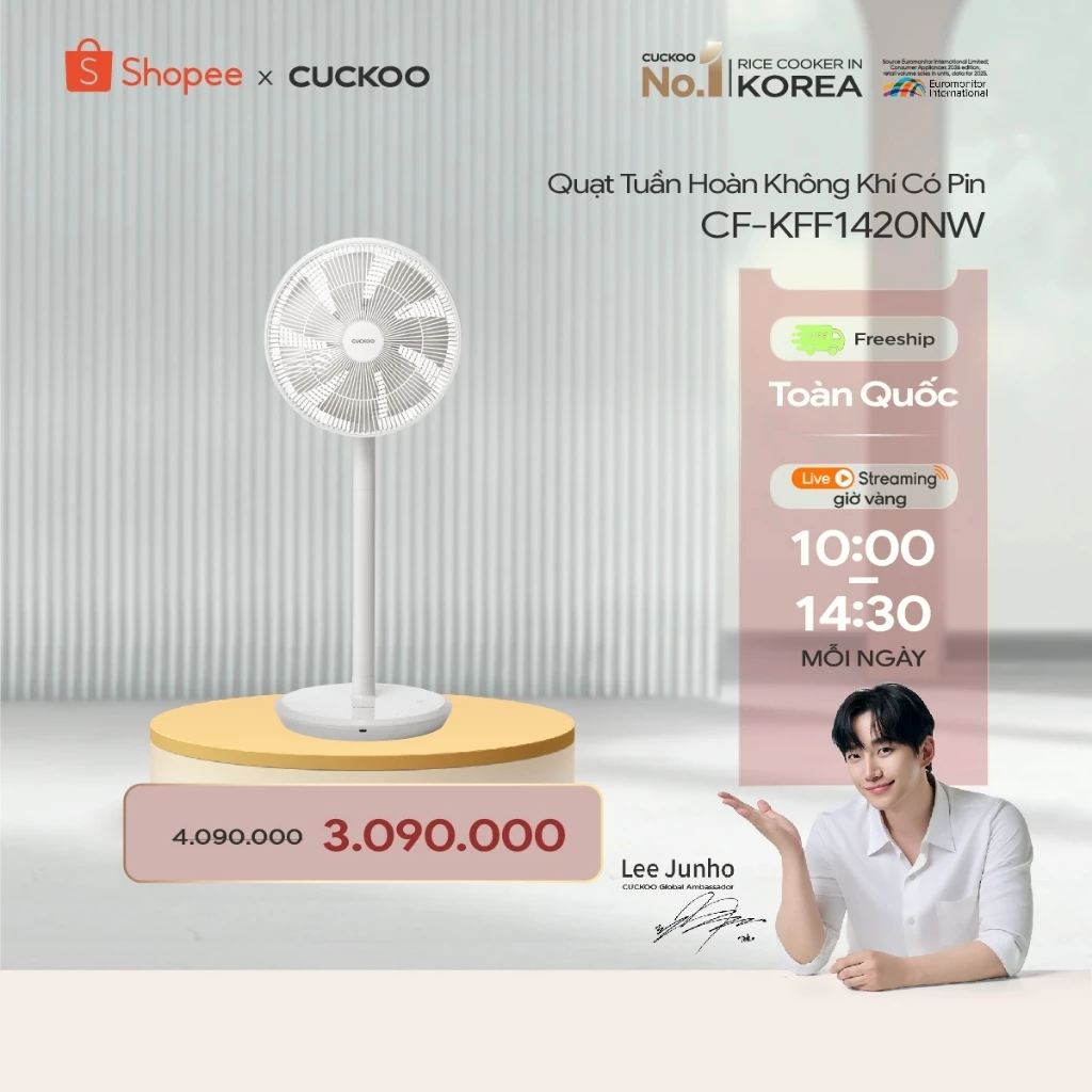Quạt Tuần Hoàn Không Khí Có Pin Cuckoo CF-KFF1420NW-  24 cấp độ gió-Xoay 3D tự động đa chiều- Remote điều khiển từ xa
