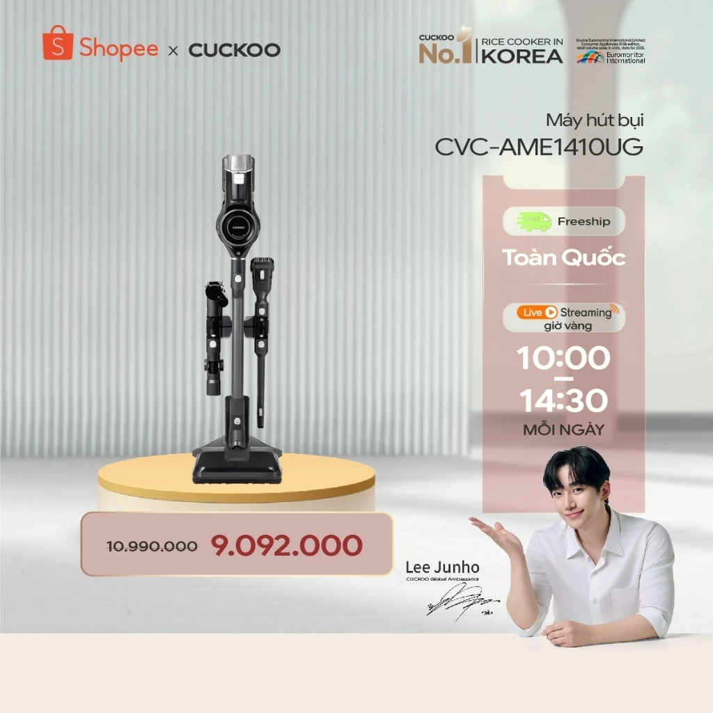 Máy hút bụi cầm tay không dây 2in1 Cuckoo CVC-AME1410UG - lực hút siêu mạnh 14000PA,  lọc bụi Hepa 13 hút sạch bụi bẩn