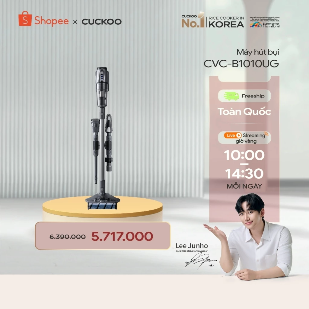Máy hút bụi cầm tay không dây Cuckoo CVC- B1010UG, lực hút siêu mạnh 14000PA,lọc bụi Hepa 13 hút sạch bụi bẩn