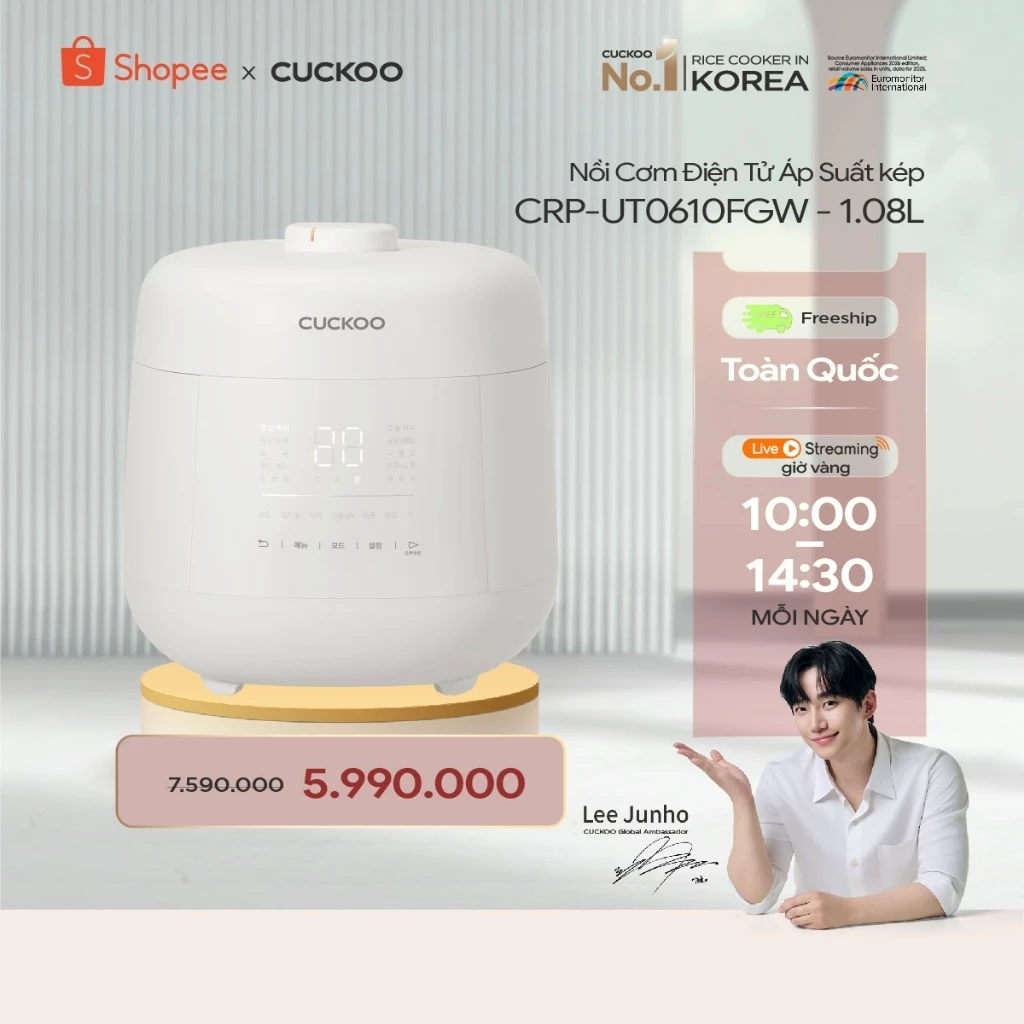 Nồi cơm điện tử áp suất kép Cuckoo 1.08L CRP-UT0610FGW- màu trắng - Lòng nồi phủ men Xwall - Bảo hành 1 năm
