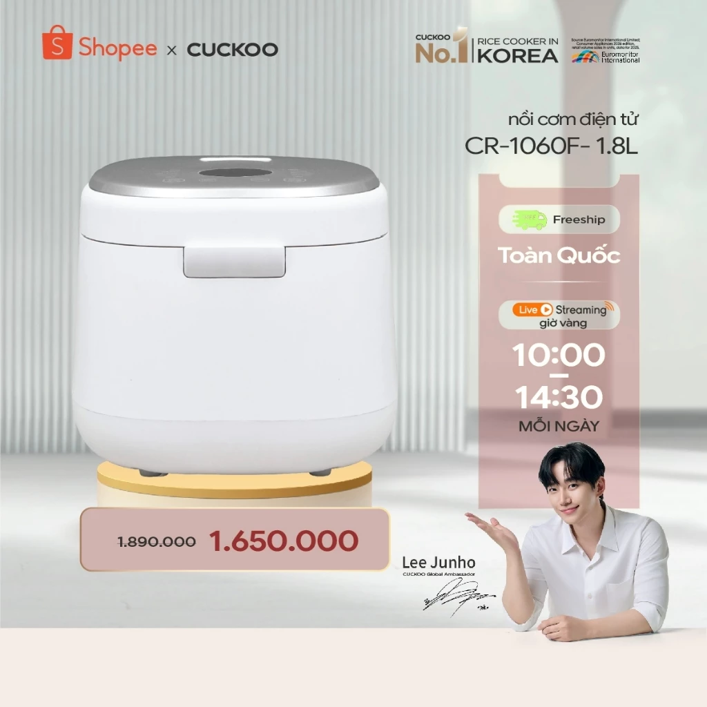 Nồi Cơm Điện Tử Cuckoo CR-1060F – 1.8 Lít- Lòng nồi phủ men chống dính- Màu trắng- bảo hành 1 năm