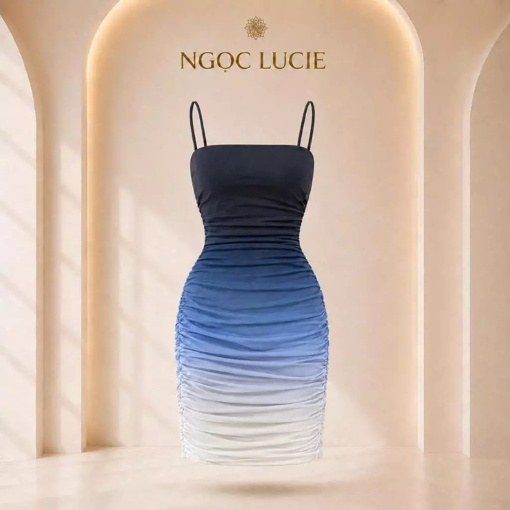 D1115 - Đầm Hai Dây Cổ Vuông Nhún Xoắn Thân Thun Lưới Dáng Midi Ôm Gợi Cảm Tôn Dáng Ngọc Lucie