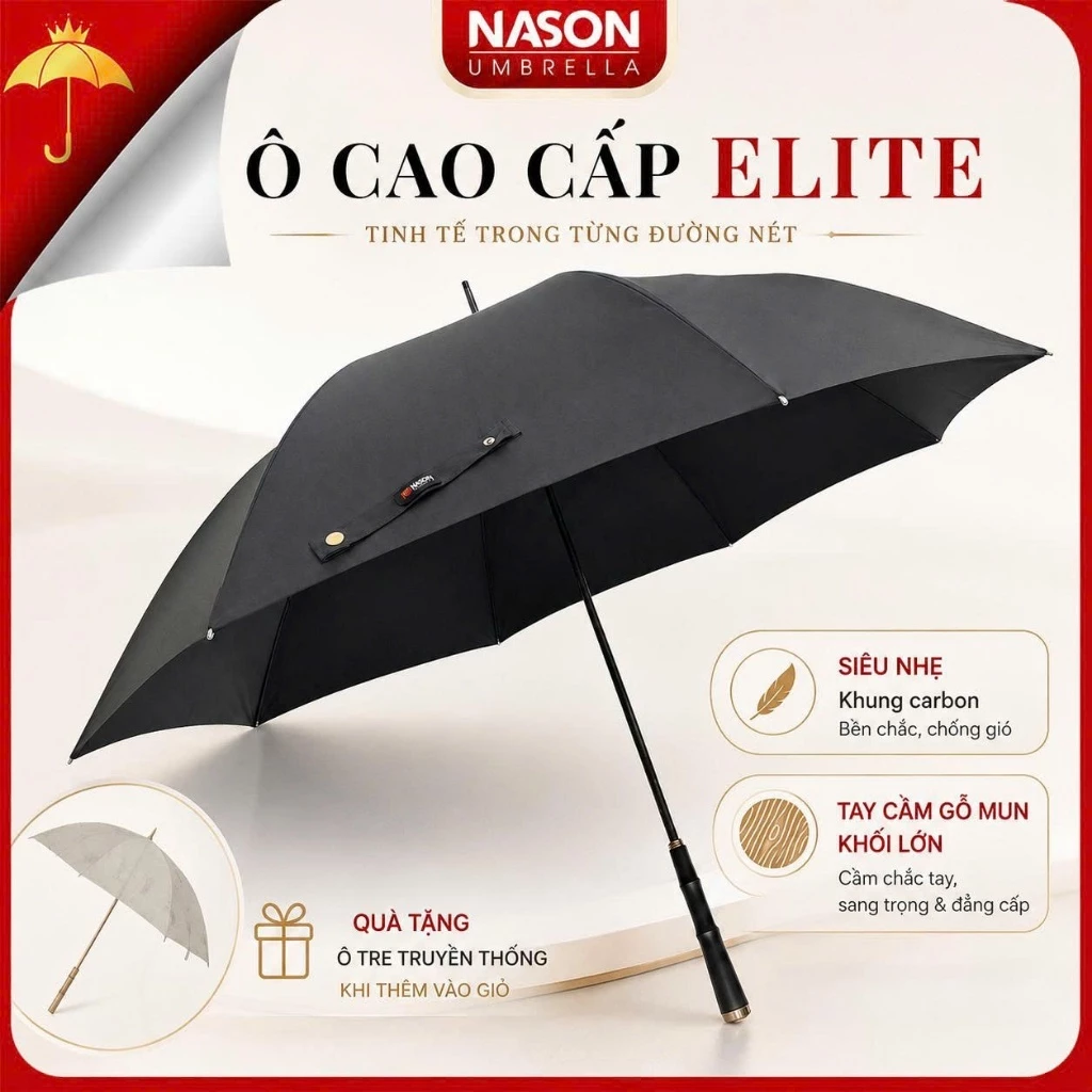 Ô dù cao cấp Elite Nason, Tinh Hoa Hội Tụ - Đẳng Cấp Xứng Tầm. Tay cầm chế tác thủ công,khung carbon, che nắng ngăn UV