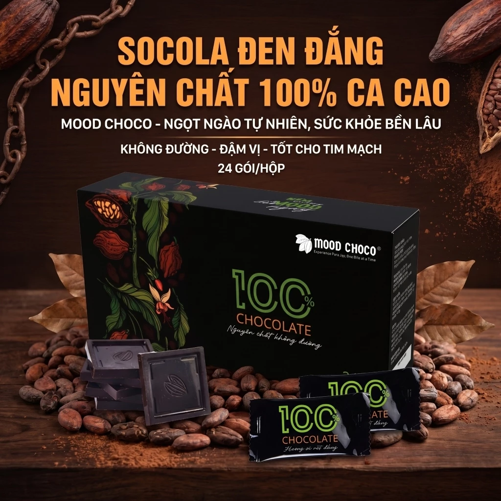 [HÀNG CHẢY] Socola Đen Đắng Nguyên Chất Cacao Không Đường Hộp 24 Gói MOOD CHOCO