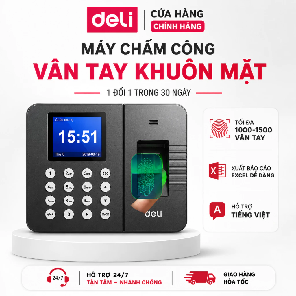 Máy Chấm Công Vân Tay Và Khuôn Mặt DELI Có Tiếng Việt Kết Nối USB Xuất File Excel Tiện Lợi