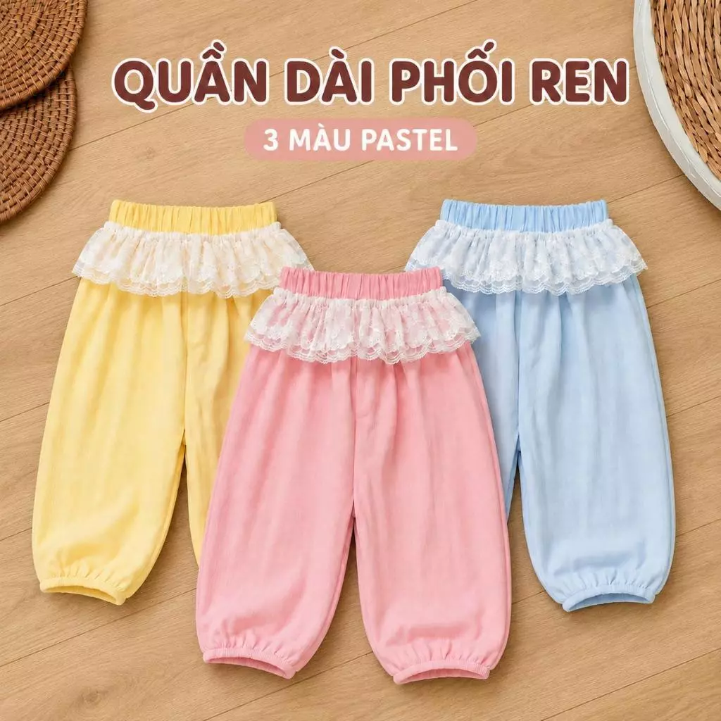 Quần dài dáng bom bé gái bo chun gấu phối ren cạp điệu đà, quần ống rộng bo gấu mềm mát cho bé đi học đi chơi H&2T - S17