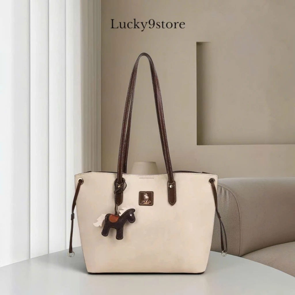 Túi nữ túi tote đeo vai POLO MIOTUS kiểu dây rút 2 bên tặng charm ngựa phong cách Vintage thời trang 3264#