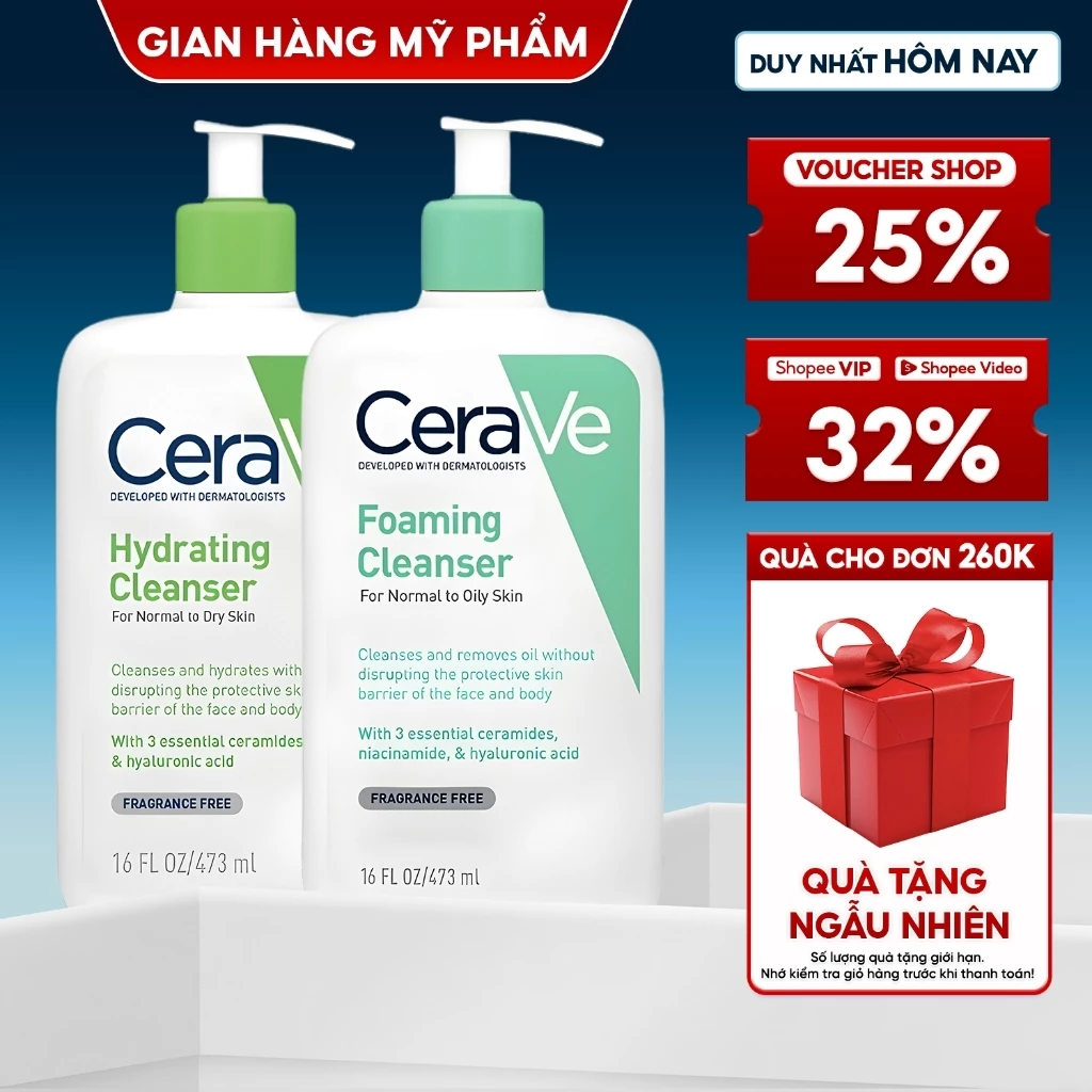 Sữa rửa mặt Cerave 236ml/473ml dưỡng ẩm sữa rửa mặt cho da dầu mụn ,da khô, da nhạy cảm làm sạch sâu, dịu nhẹ cho da