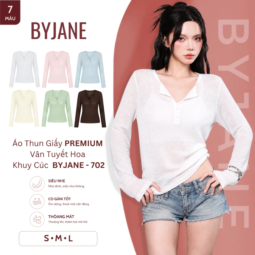 [ MỞ BÁN - CHẤT PREMIUM ] Áo Thun Nữ Tay Dài Chất Giấy Premium Khuy Cúc Mỏng Nhẹ Co Giãn Basic Hàn Quốc BYJANE - 702