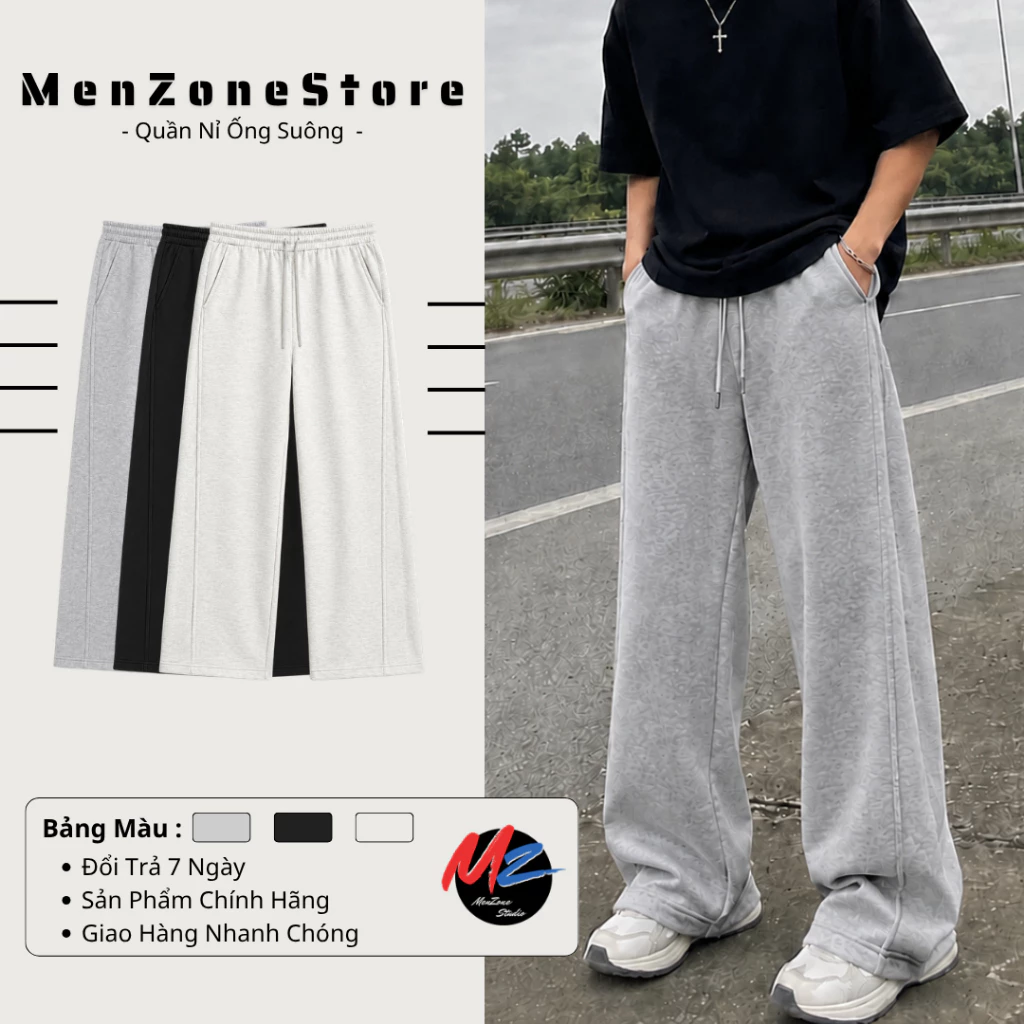 Quần Dài Nỉ 2 Da Form Suông Ống Rộng Nam Cạp Chun Dây Rút Cạp Chun Quần Nỉ Unisex Dễ Phối Đồ MENZONE