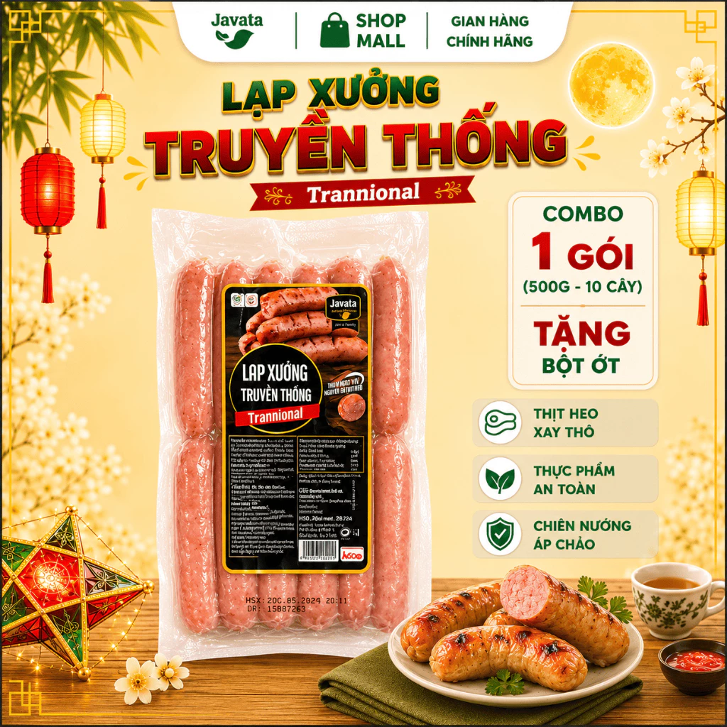 Lạp Xưởng Truyền Thống Tươi Hảo Hạng 500g (12 cây/gói) – Thơm Ngon, Hương Vị Truyền Thống