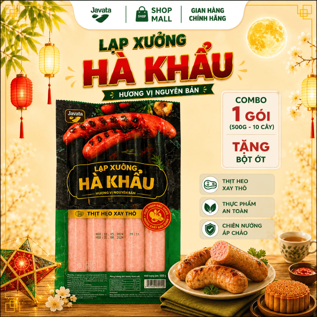 Lạp Xưởng Hà Khẩu Javata Nướng Đá 500g (10cây/1gói) – Thơm Ngon Chuẩn Vị, Hương Vị Đặc Trưng