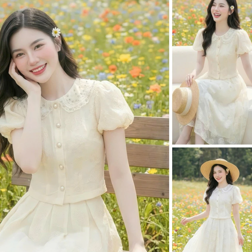 Set Đồ Nữ Thiết Kế,Áo Cộc Tay Cổ Sen Phối Ren Thêu Tinh Xảo Mix Chân Váy Xòe, Phong CáchThời Thượng