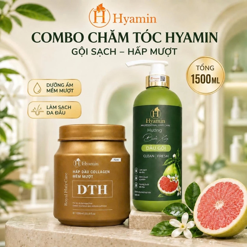 Hyamin Hấp Dầu Collagen DTH 1000ml Và Dầu Gội Hương Bưởi Hyamin 500ml Giúp Tóc Mềm Mượt Giảm Khô Xơ