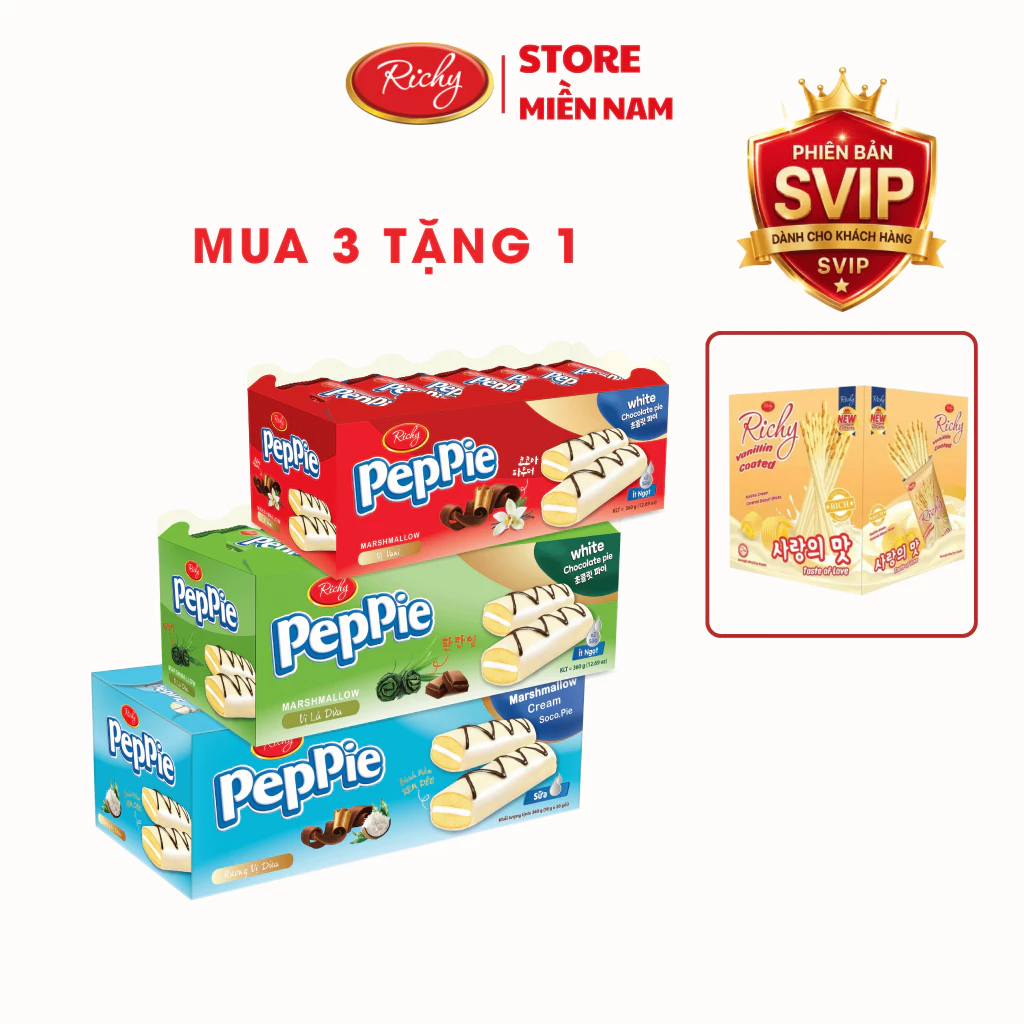 [SVIP] [MUA 3 TẶNG 1] Bánh phủ socola Peppie Richy vị Dưa lưới/Vani cốm/Caramen, loại khay 360g