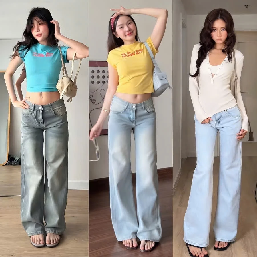 (DEAL MỞ BÁN) Quần Jean Cạp Trễ Màu Xanh Trắng  Form Ống Suông, Quần Bò Nữ Cạp Thấp Y2K Basic Tôn Dáng