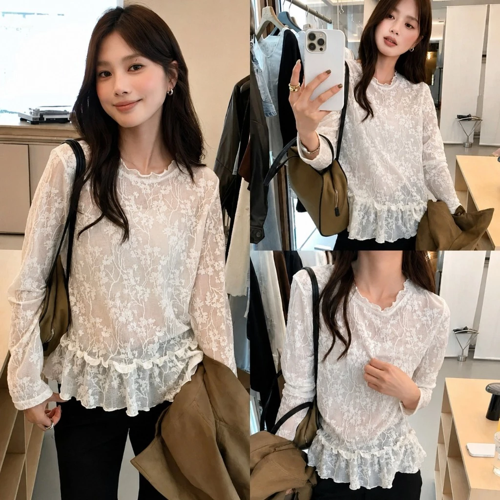 Áo Kiểu Ren Hoa Thêu  Nữ Tay Dài Cổ Tròn Gấu Bèo Nhún Vintage Style Ulzzang Hàn Quốc