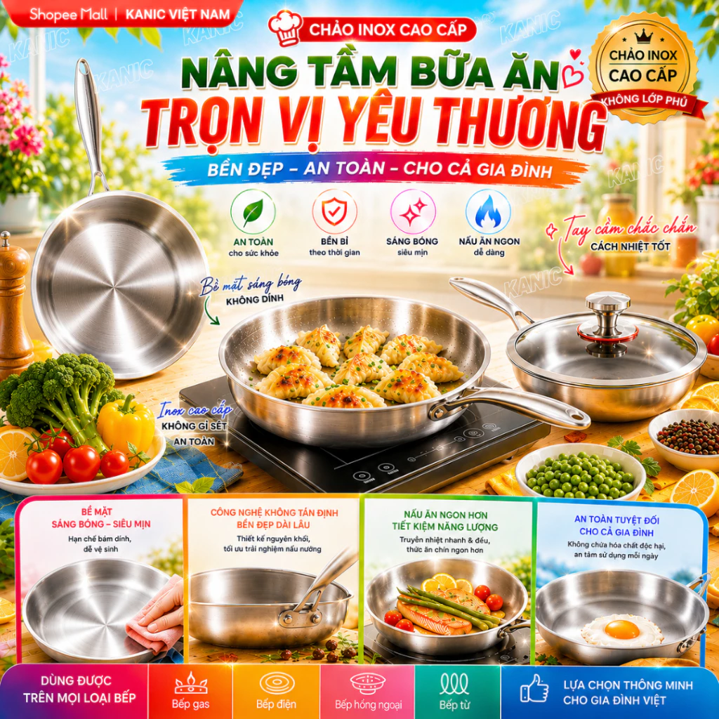 Chảo Inox Đáy Từ Sâu Lòng Chống Dính Nguyên Khối Chiên Xào 20,22, 24, 26cm