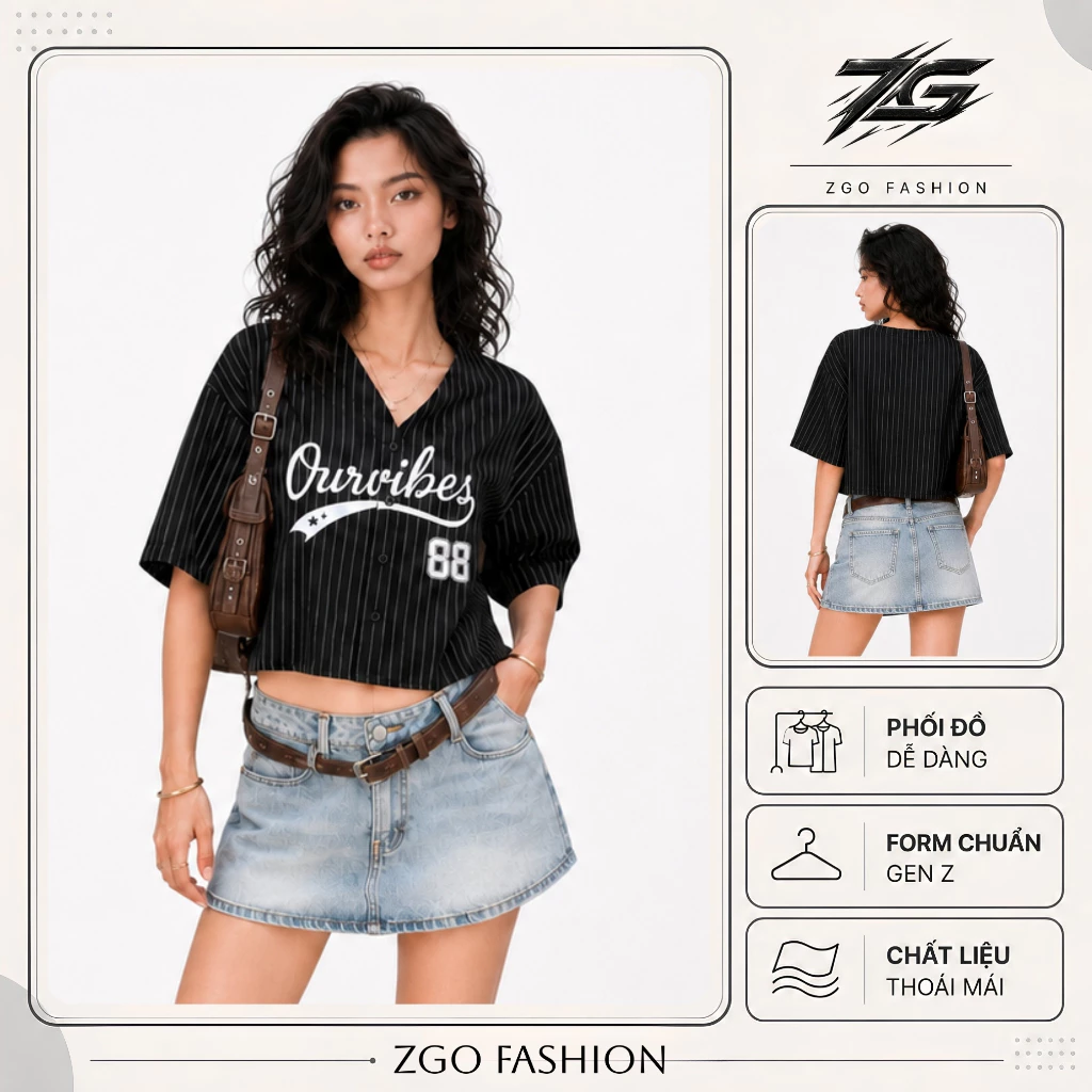 Áo sơ mi bóng chày ZGO sơ mi Crop-Top ngắn tay Unsixe Sọc dáng rộng thể thao AZG28