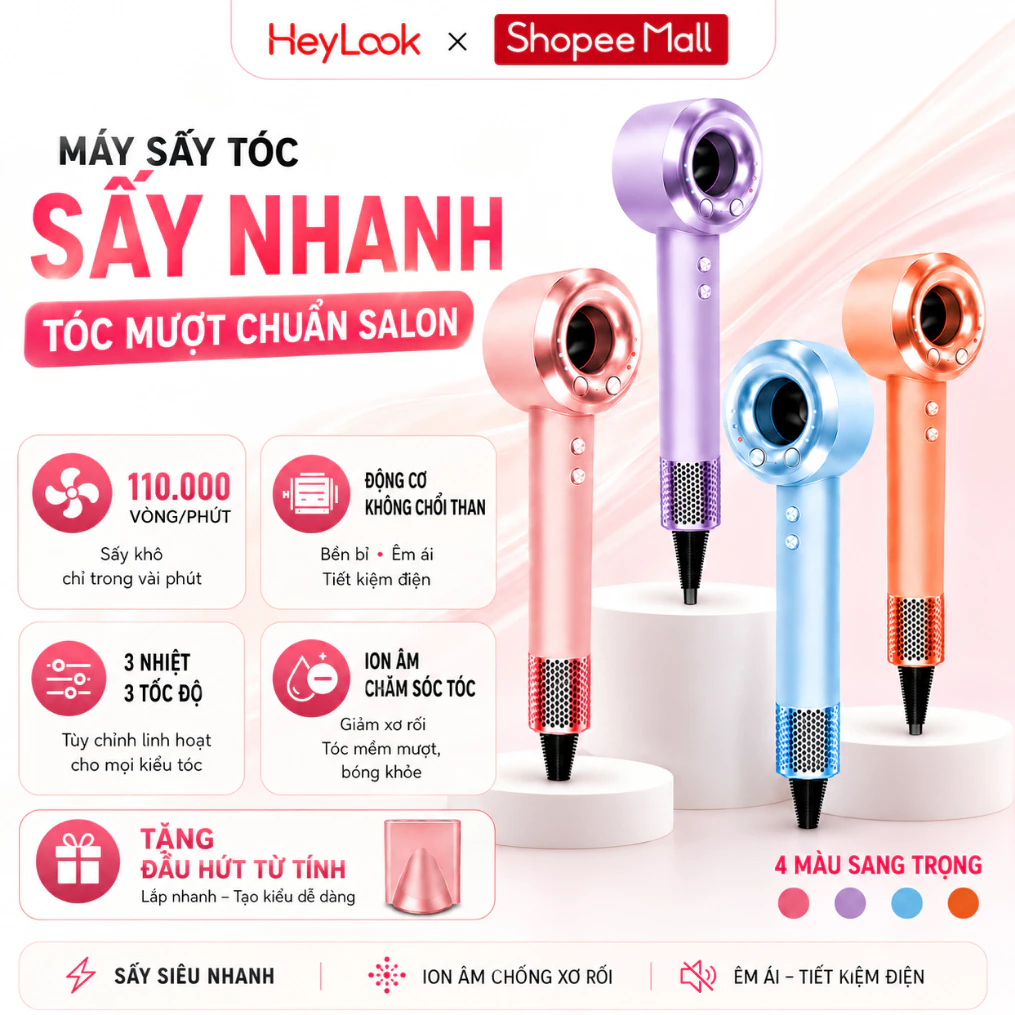[SSS] Máy Sấy Tóc Ion Âm Cao Cấp 110.000 Vòng/Phút Động Cơ Không Chổi Than 3 Mức Gió 3 Mức Nhiệt Kèm Đầu Hút Từ Tính