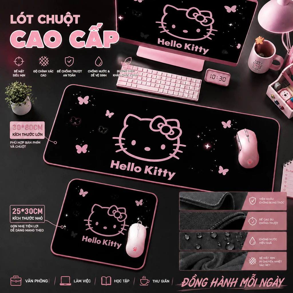 Tấm lót chuột cỡ lớn hình Hello Kitty đáng yêu, chống trượt, chống nước, phù hợp máy tính và laptop,size 80*30 & 30*25