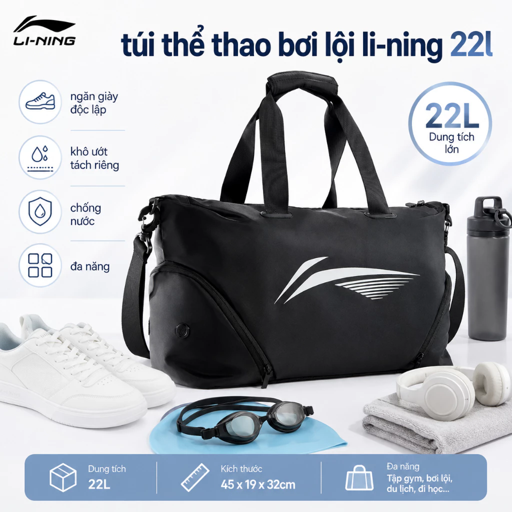 Túi thể thao bơi lội Shiwei Li-ning 22l ngăn giày riêng, ngăn khô ướt, túi tập gym du lịch đeo vai LNBX756